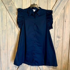 Crown & Ivy Navy Button-Up Dress with ruffled sleeves and pockets.